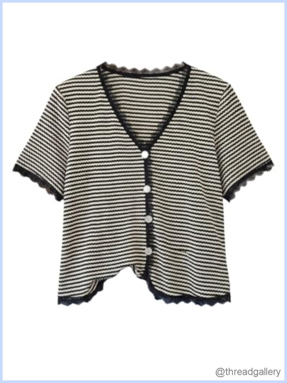Plus Size Striped Button Down V-Neck Short Sleeve Blouse with Lace Trim